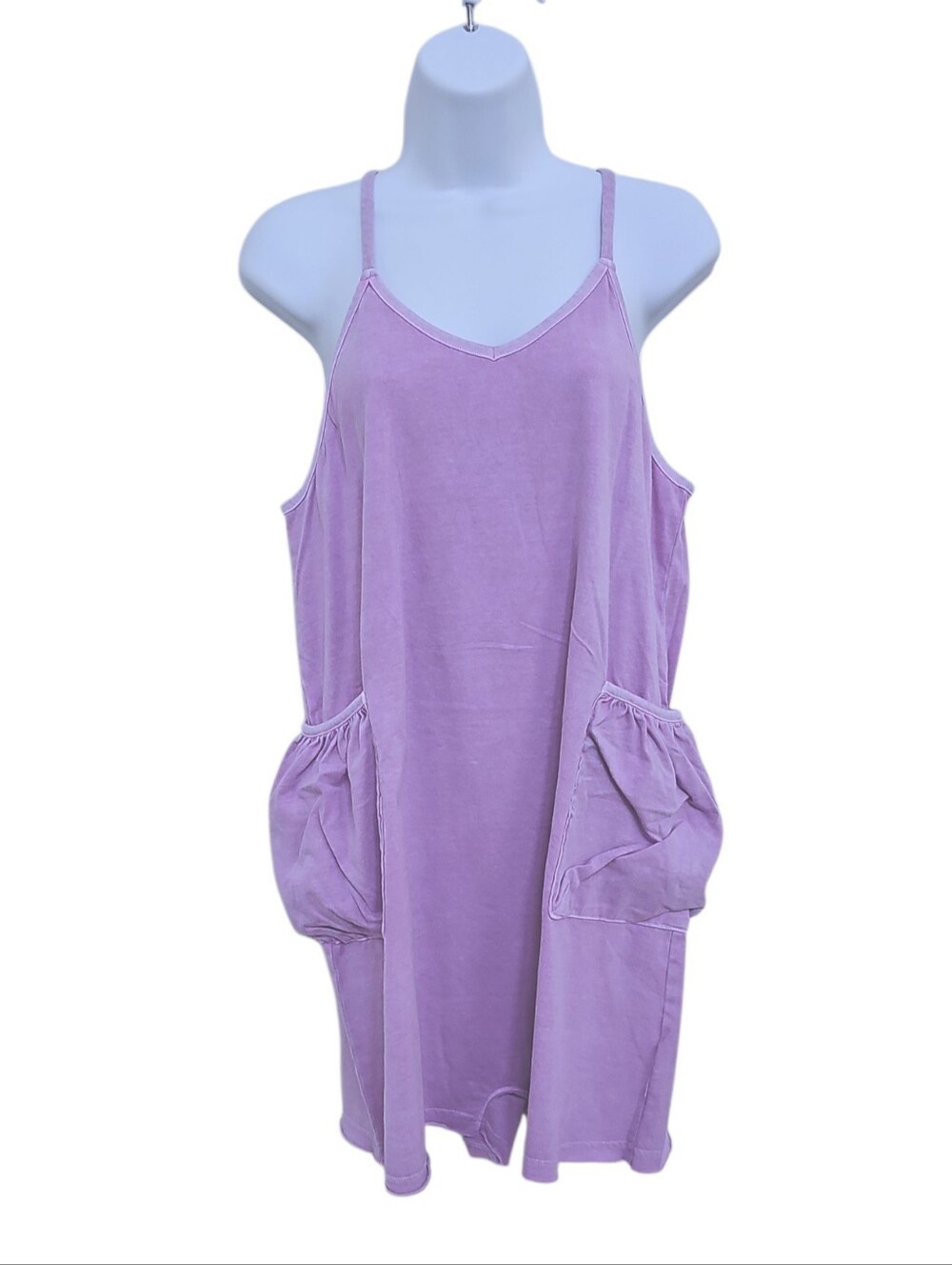 Zenana Purple Washed Tank Romper Dress Size L Cotton Pockets New - Picture 3 of 3